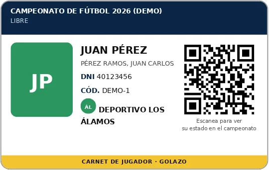 Carné de jugador de muestra con foto, DNI, equipo y código QR